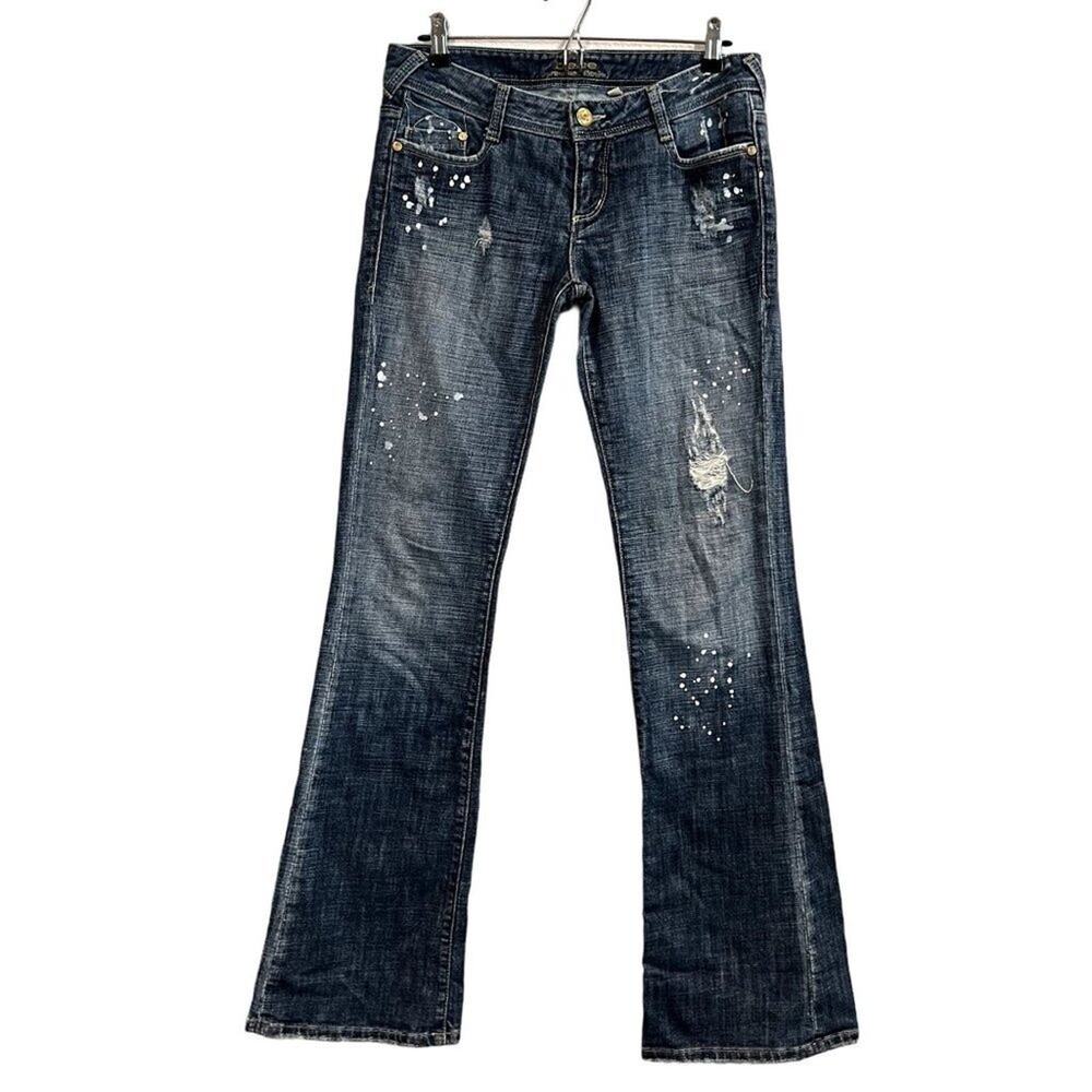 LIST Bebe Premium Denim USA Paint Splatter Distressed Flare Jeans 29 Y2K